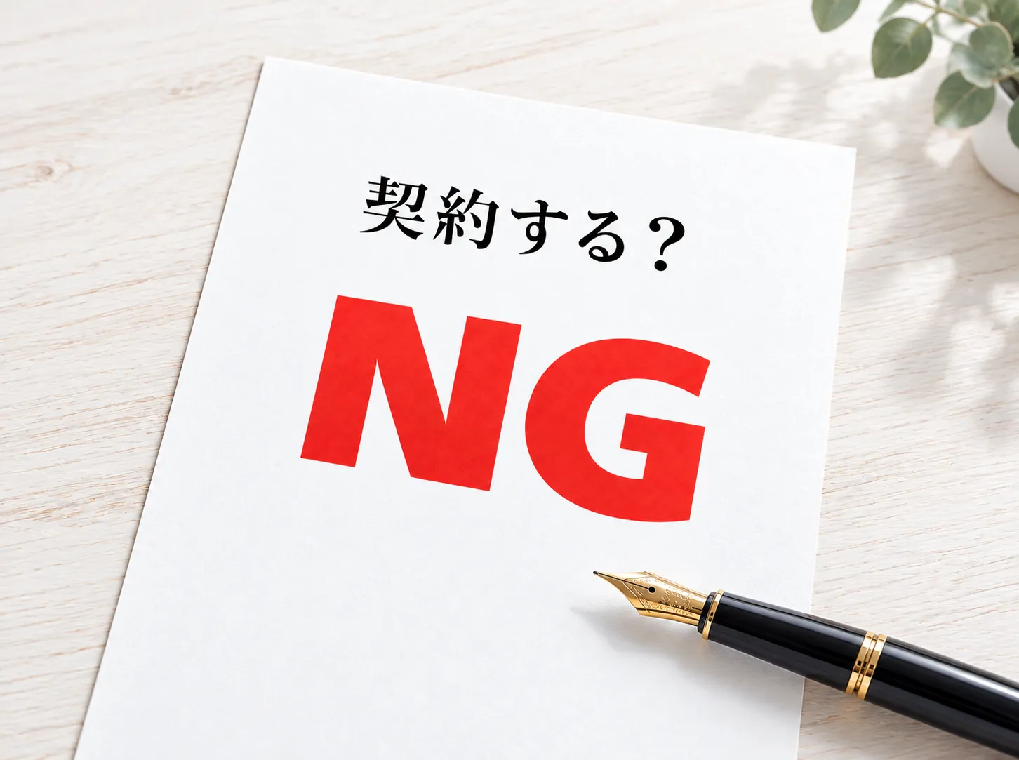 『契約する?』と書かれた紙に赤字でNGとあり、万年筆が署名されないまま脇に置かれている